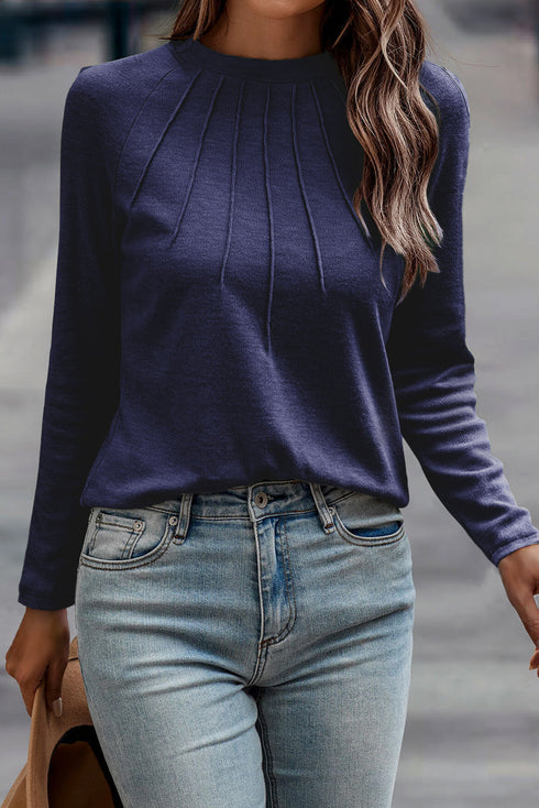 Raglan Long Sleeve Exposed Seam Detail Relaxed Fit Crew Neck Top